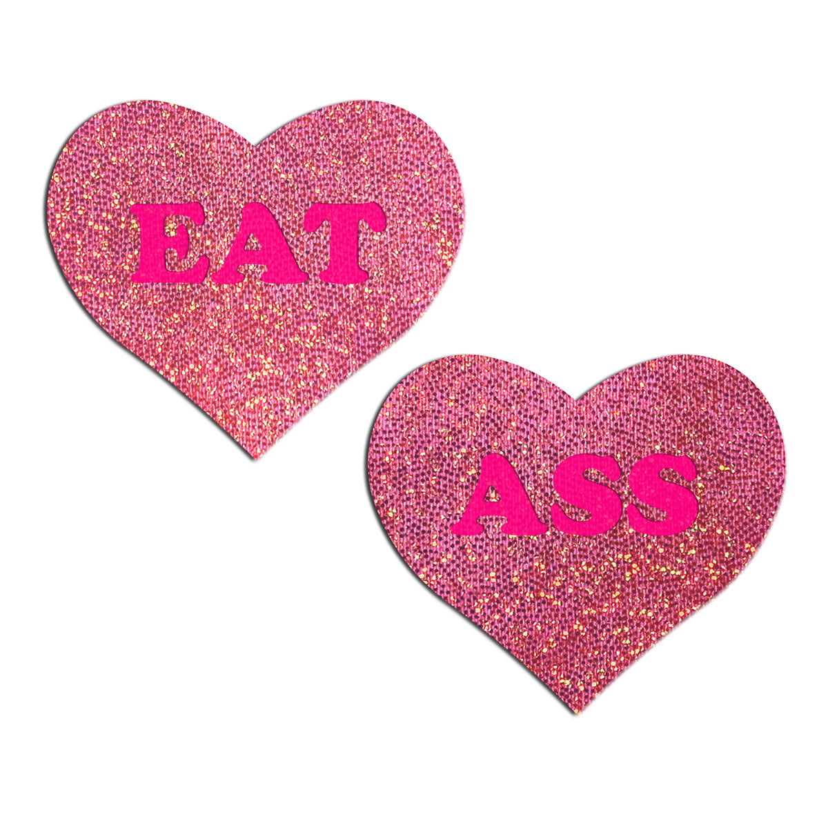 Pastease Glitter "Eat Ass" Heart Nipple Pasties - Light Pink, Waterproof Adhesive