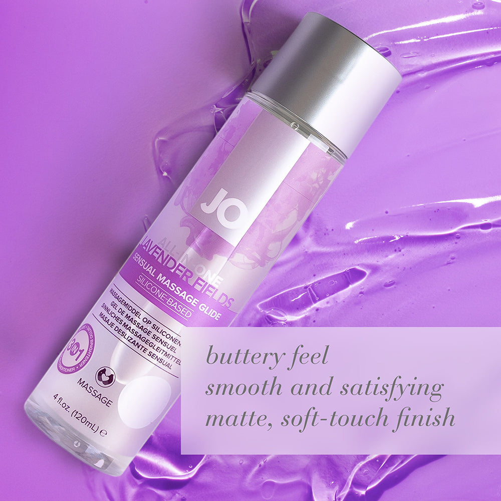 JO All-In-One Sensual Massage Glide Lavender 4 oz – Silicone-Based Massage Glide