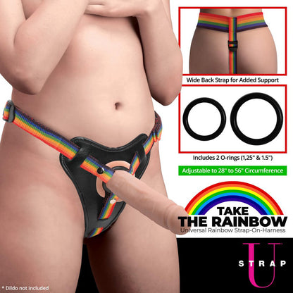 XR Brands Take the Rainbow Universal Harness - Adjustable Strap-On Harness with 2 O-Rings - Rainbow Color