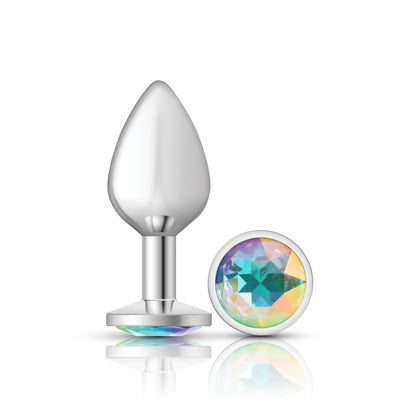 Cheeky Charms Medium Silver Metal Anal Plug with Clear Iridescent Gemstone