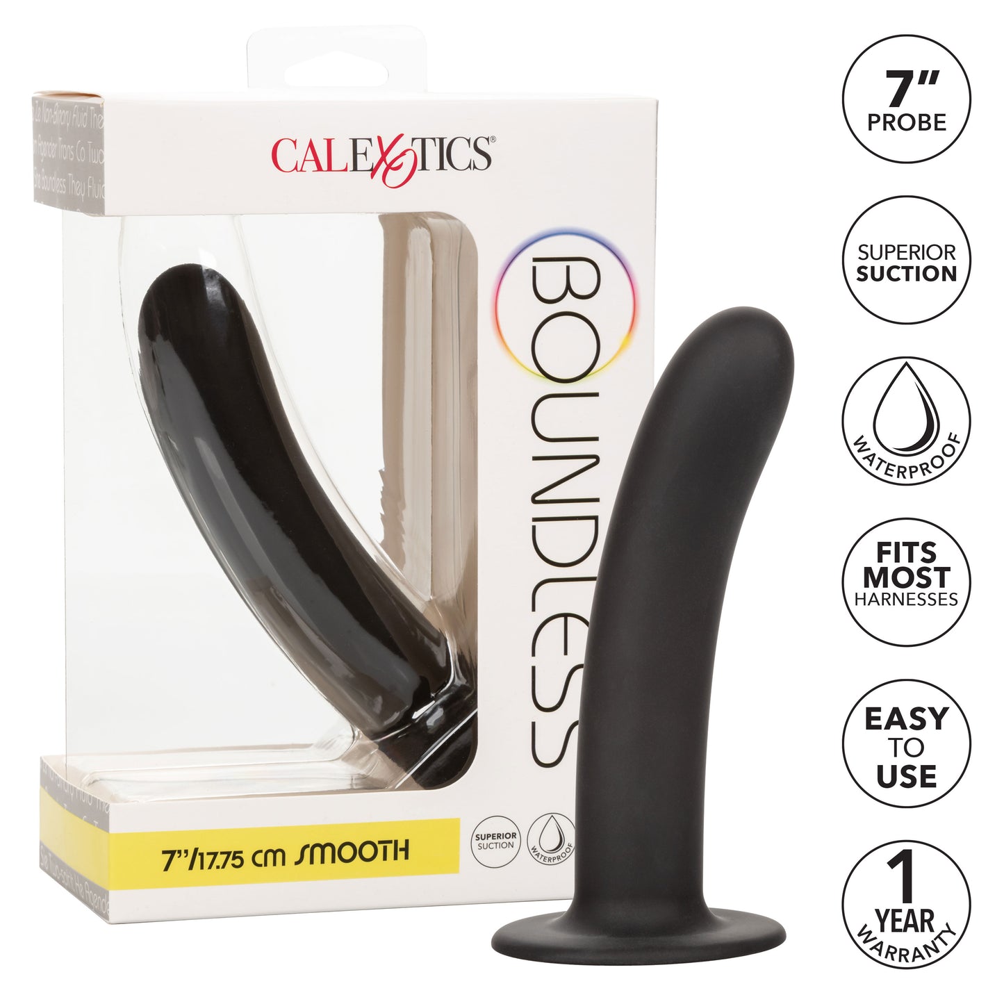 CalExotics Boundless 7 Inch Smooth Probe – Black – Hypoallergenic Silicone with Suction Cup
