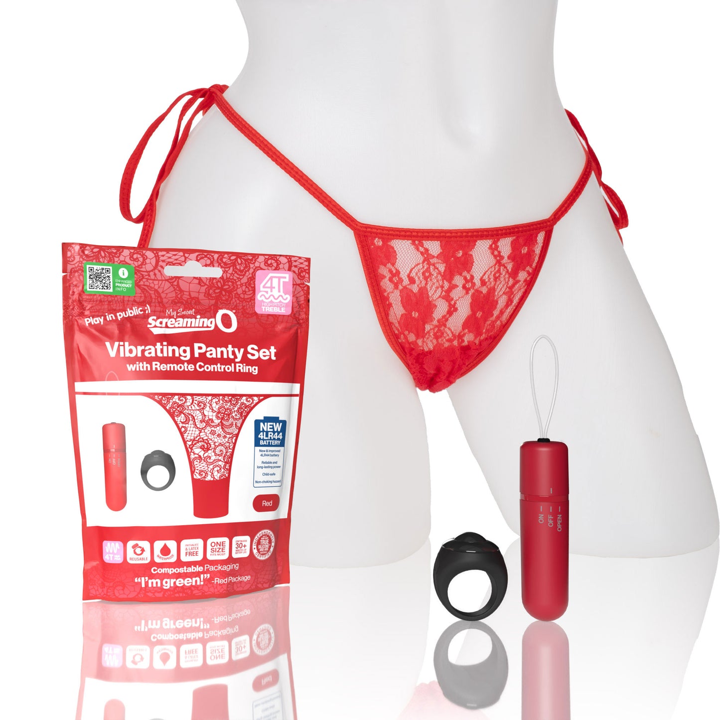 Screaming O Vibrating Panty Set with Remote Control Ring - Red