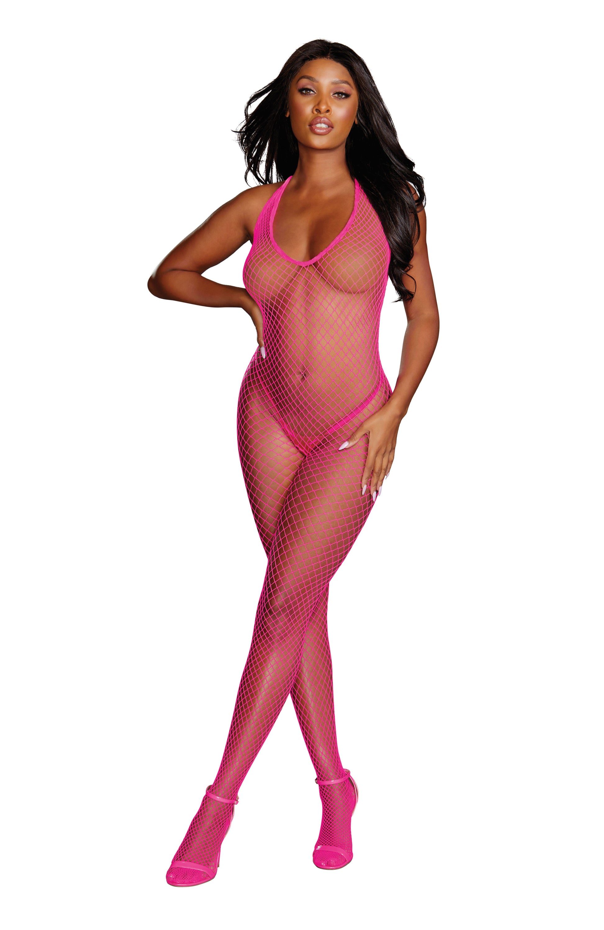 Dreamgirl Diamond Net Bodystocking - Open Crotch - Neon Pink