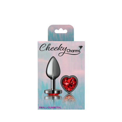 Cheeky Charms Deep Red Heart Gem Gunmetal Metal Anal Plug - Small