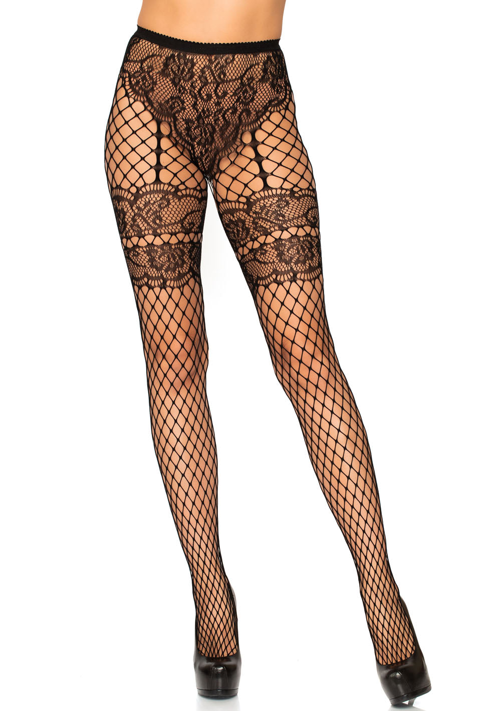 Leg Avenue Lace French Cut Faux Garter Net Tights – Black