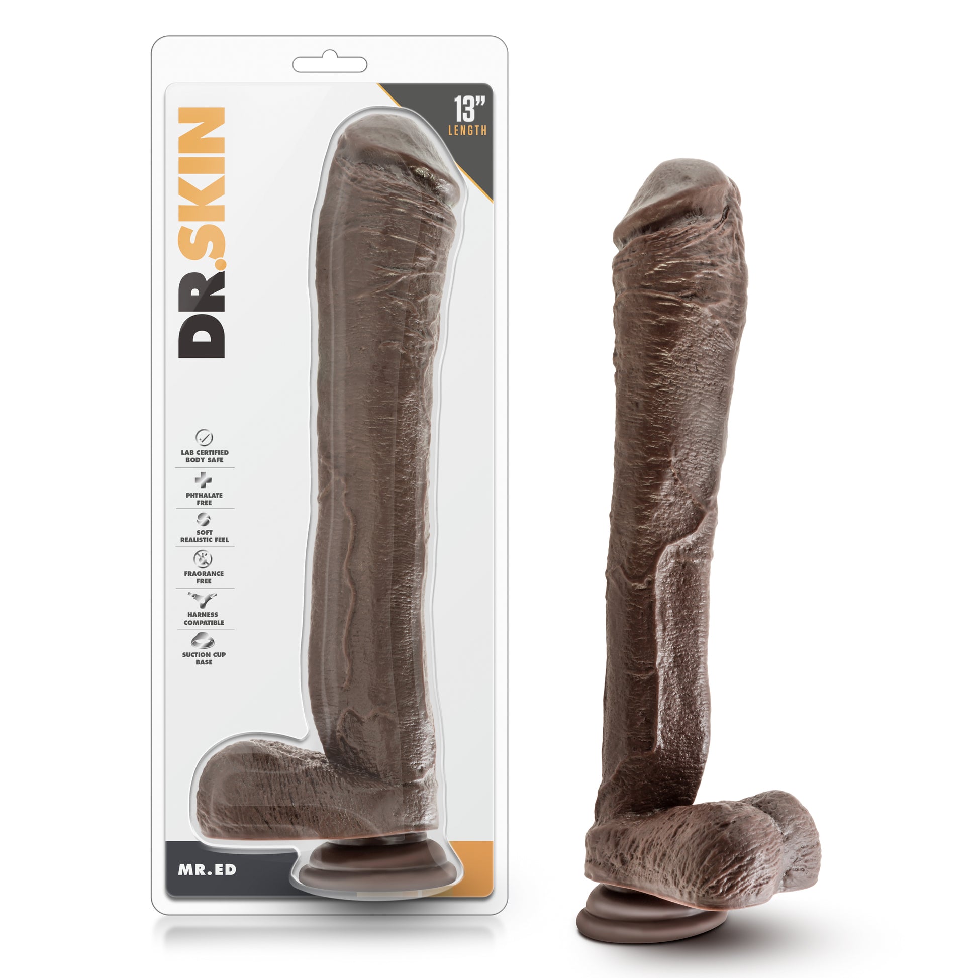 Dr. Skin Mr. Ed 13 Inch Dildo with Suction Cup - Realistic Chocolate Color