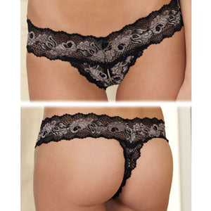 Rene Rofe Crotchless Lace V-Thong - Black - S/M