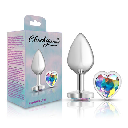 Cheeky Charms Medium Silver Metal Anal Plug with Clear Iridescent Gemstone