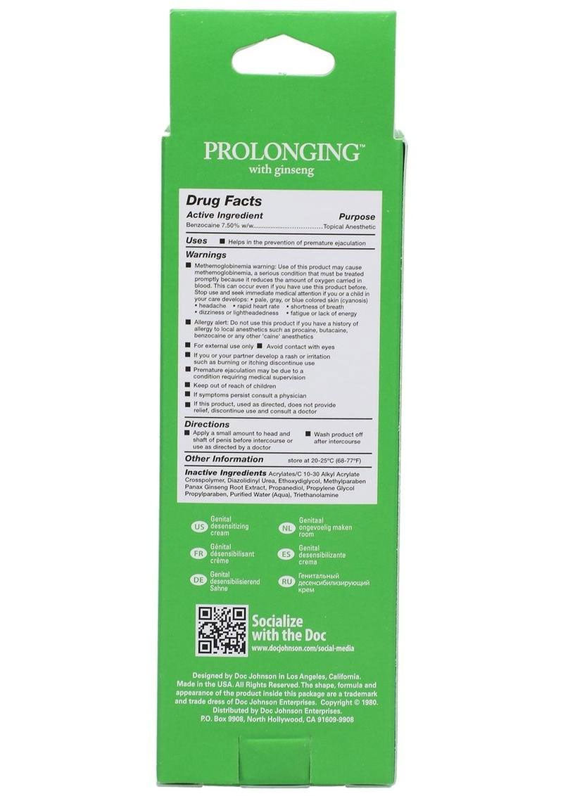 Doc Johnson Proloonging Delay Cream for Men – 2 Oz – Boxed