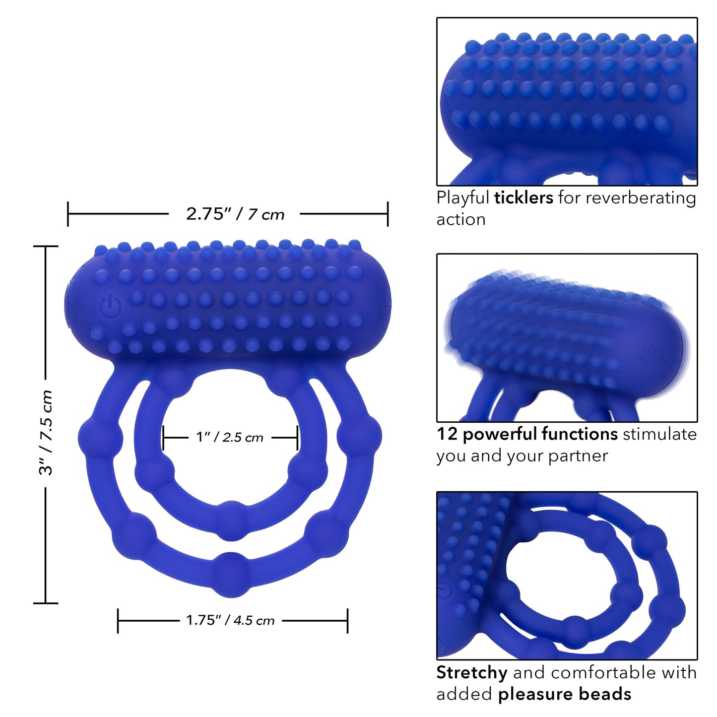 CalExotics Silicone Rechargeable 10 Bead Maximus Ring – Blue – Vibrating Cock Ring