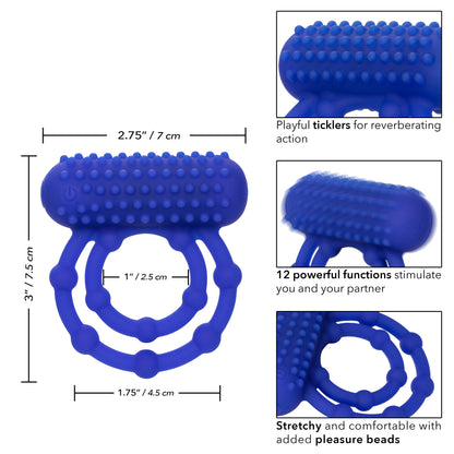 CalExotics Silicone Rechargeable 10 Bead Maximus Ring – Blue – Vibrating Cock Ring