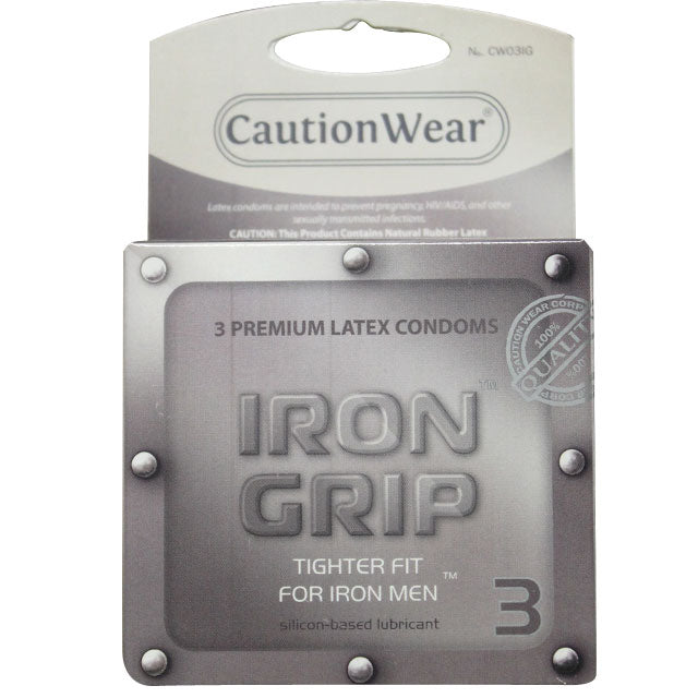 Caution Wear Iron Grip Condoms - Tight Fit Latex Condoms - Clear - 3 Pack