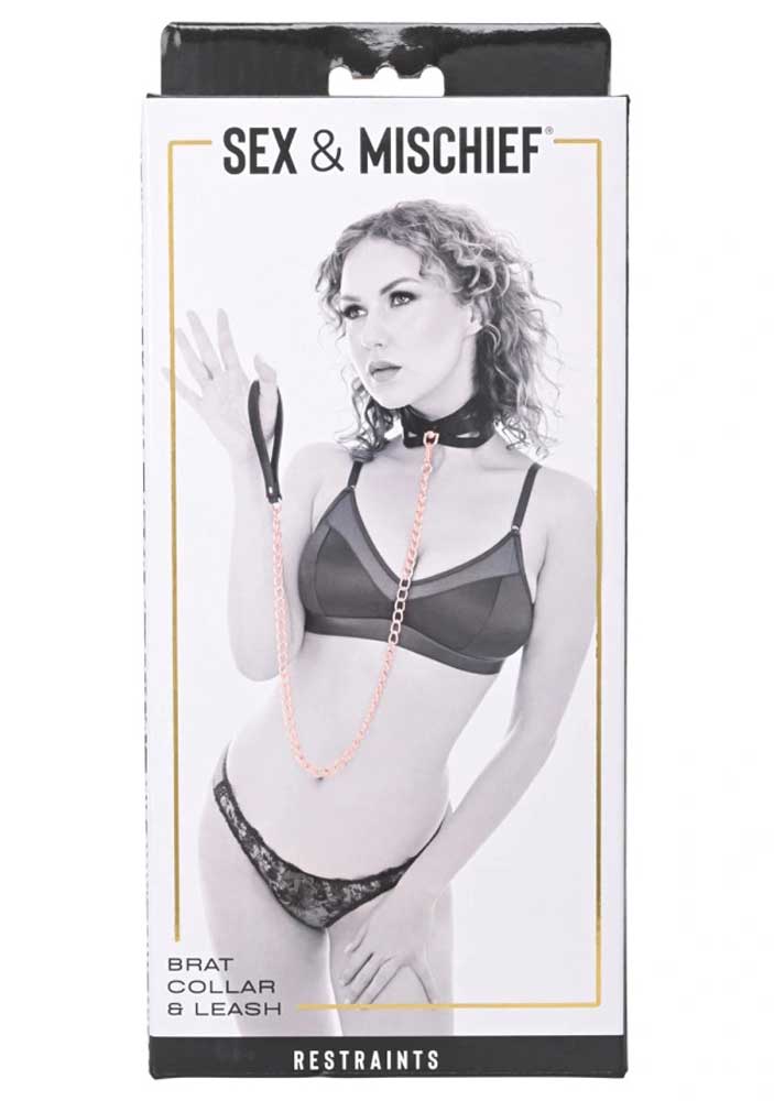Sportsheets Brat Collar and Leash Set - Faux Leather - Black/Rose Gold