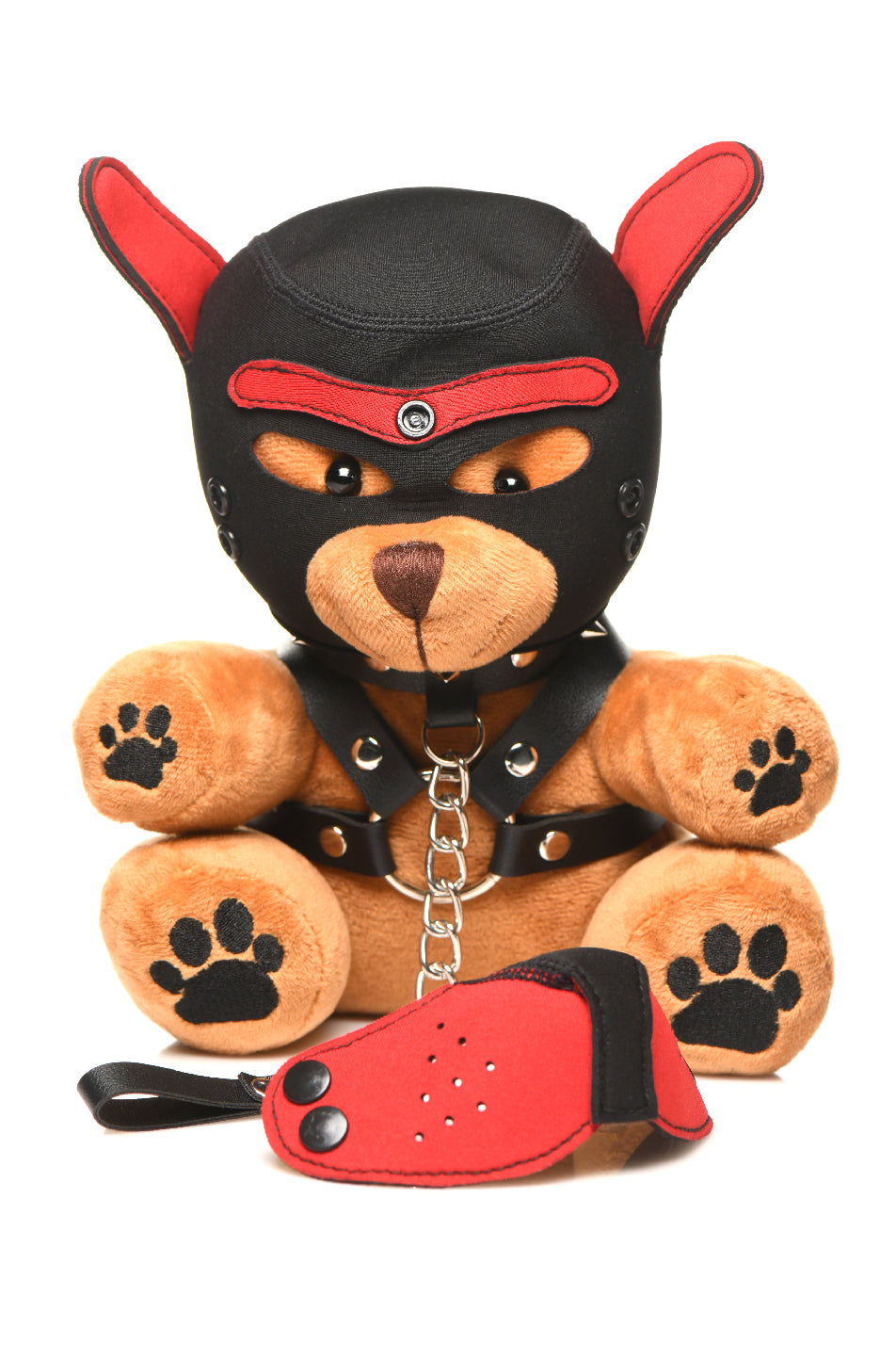 XR Brands Bondage Pup Bear Cuddly Toy with Mask and Harness – Light Peach