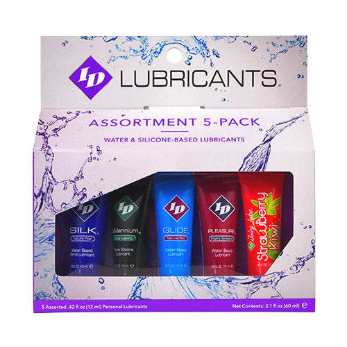 ID Sensual Lubricants 5 Pack Assorted Sampler – Includes Glide, Millennium, Pleasure, and Flavored Lubes