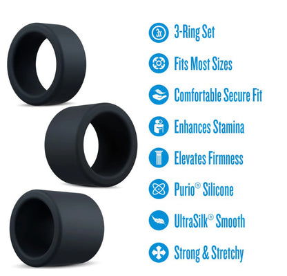 Blush Performance Plus Accelerate 3-Piece Purio Platinum-Cured Liquid Silicone Cock Ring Set – Black