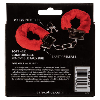 CalExotics Playful Furry Cuffs - Red Metal Handcuffs with Removable Faux Fur