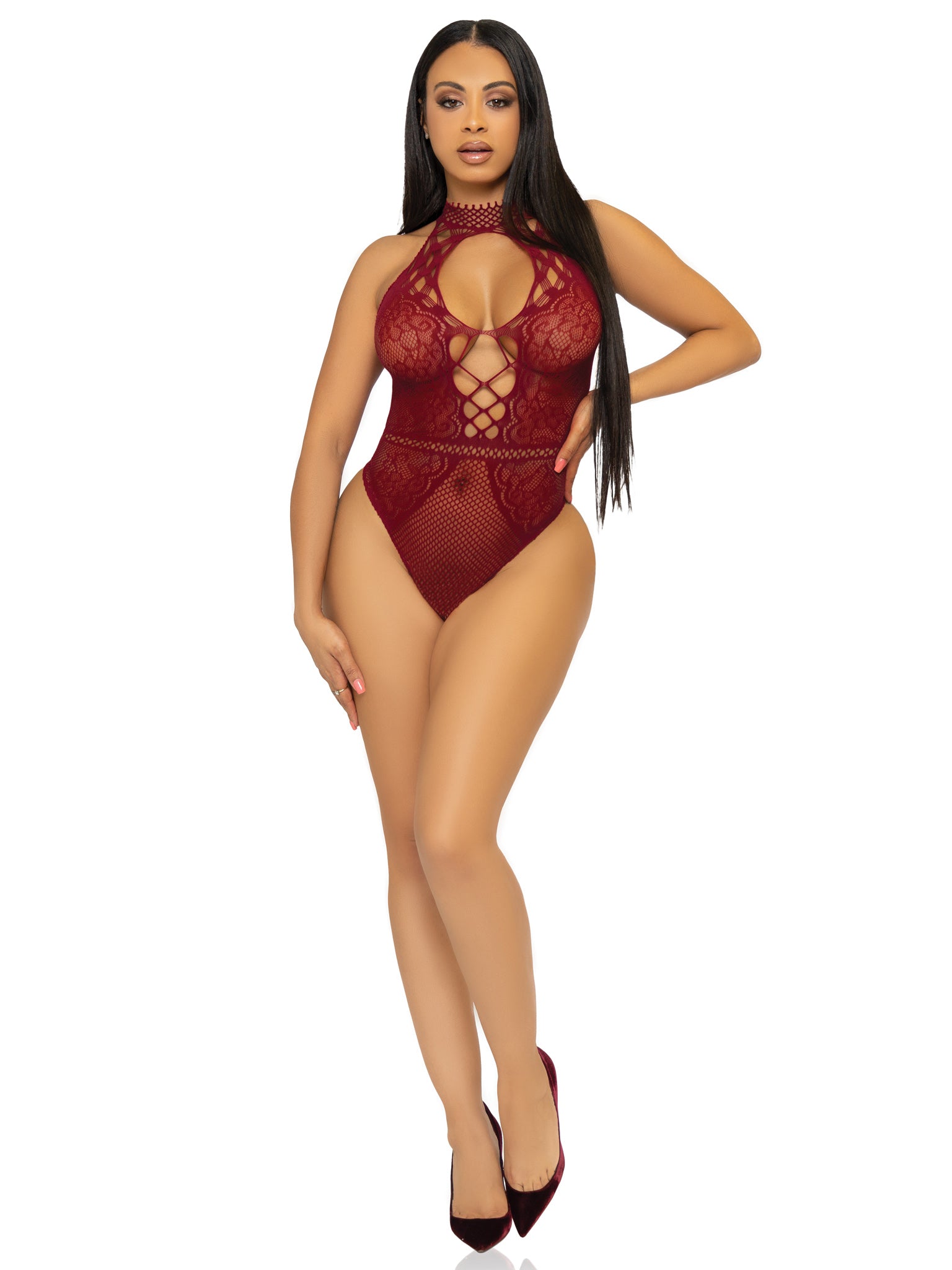 Leg Avenue Net and Lace Keyhole Halter Bodysuit - Burgundy - One Size