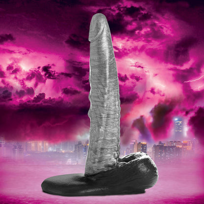 XR Brands Gargoyle Rock Hard Silicone Dildo - Textured Shaft with Suction Cup Base - Silver