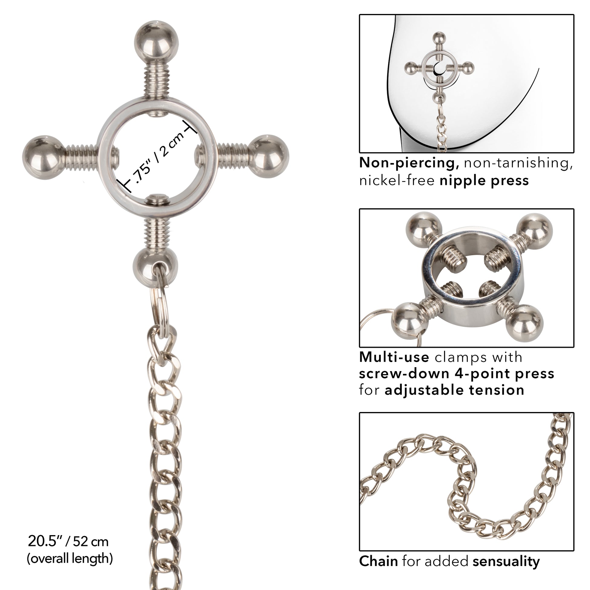 CalExotics Nipple Grips 4-Point Nipple Press with Chain – Silver