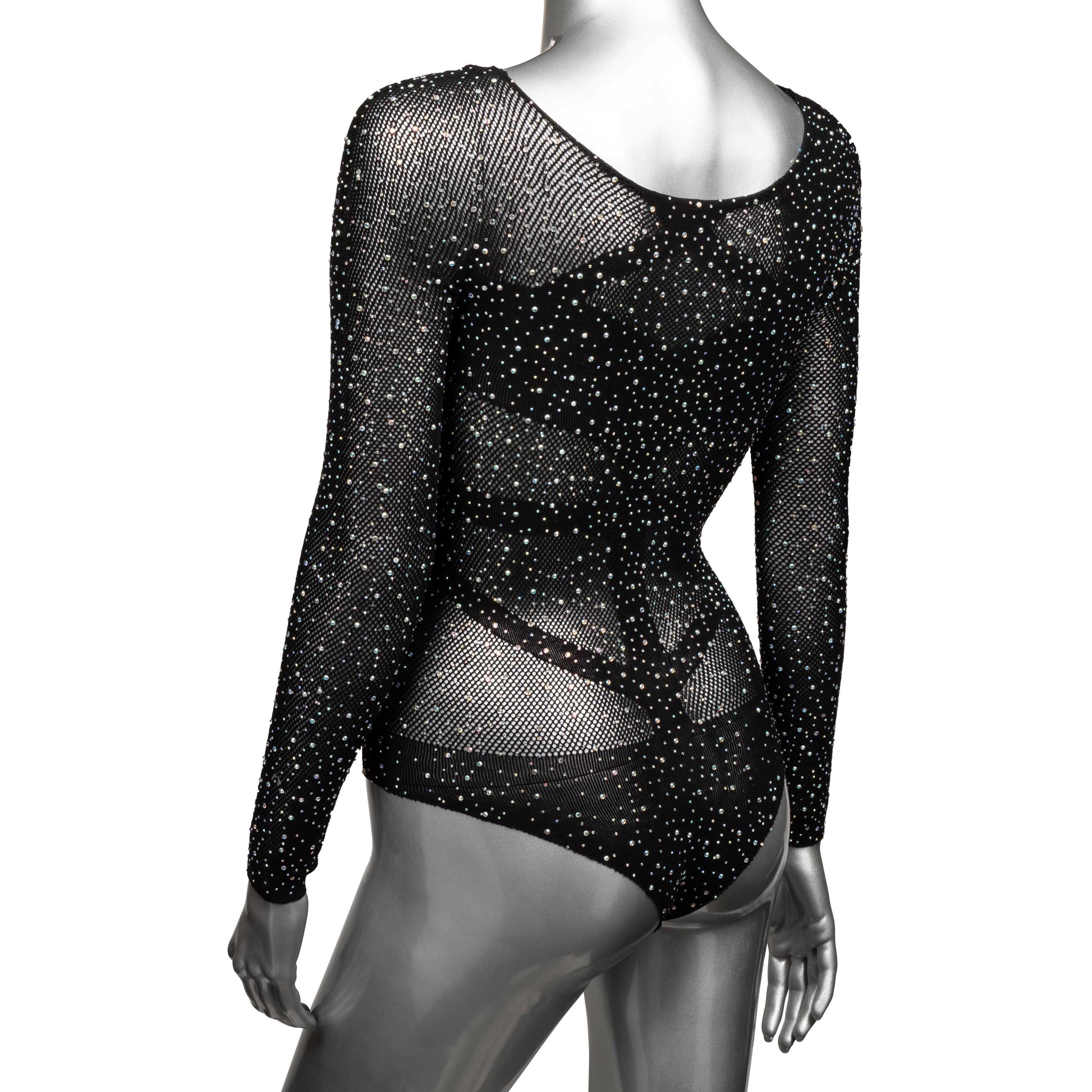 CalExotics Radiance Long Sleeve Bodysuit - Black - Soft Mesh Design with Rhinestone Accents