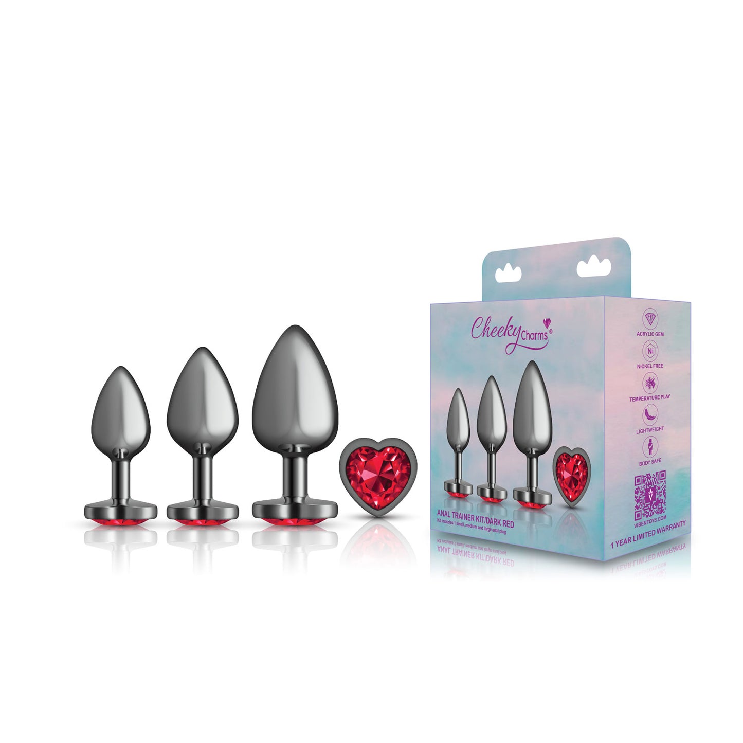 Viben Red Heart Gem Anal Trainer Kit – Gunmetal – Includes Small, Medium, and Large Plugs