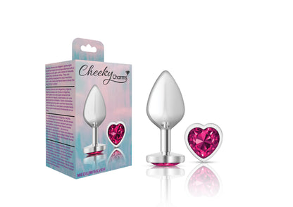 Cheeky Charms Medium Silver Metal Anal Plug with Bright Pink Heart Gem