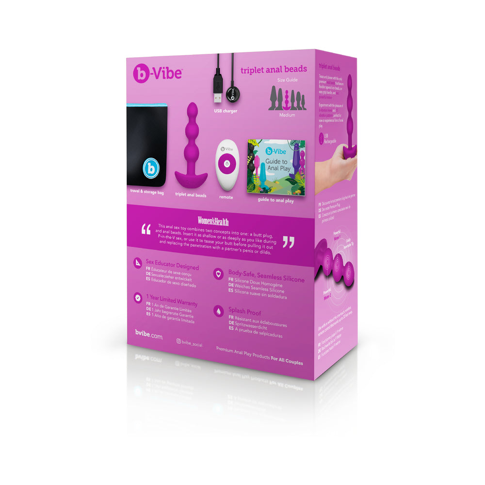 b-Vibe Triplet Rechargeable Remote-Controlled Vibrating Anal Beads – Fuchsia
