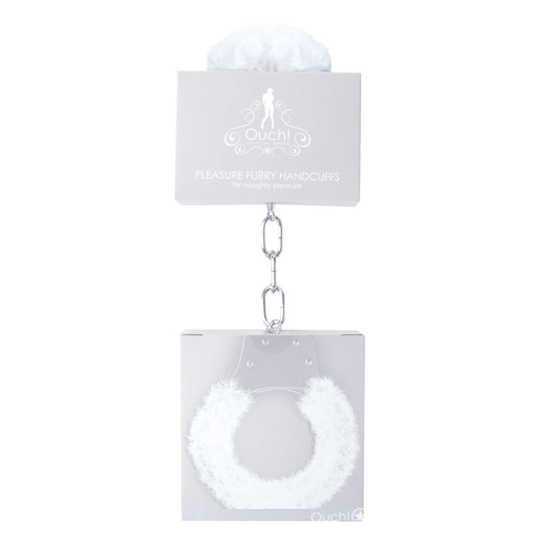 Ouch! Pleasure Furry Handcuffs with Quick-Release Mechanism – White