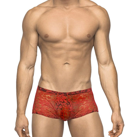 Male Power Stretch Lace Mini Short – Red – Medium