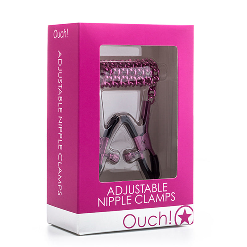 Ouch! Adjustable Metal Nipple Clamps with Chain - Hot Pink