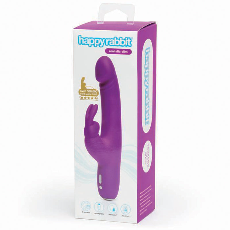 Happy Rabbit Realistic Slim Rechargeable Silicone Rabbit Vibrator - Purple
