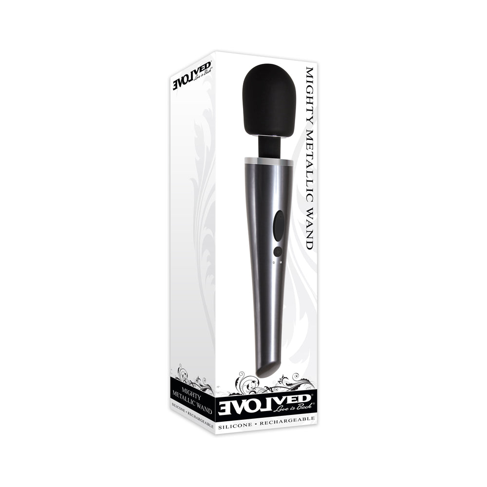 Evolved Mighty Metallic Wand Rechargeable Silicone Massager – Chrome/Black
