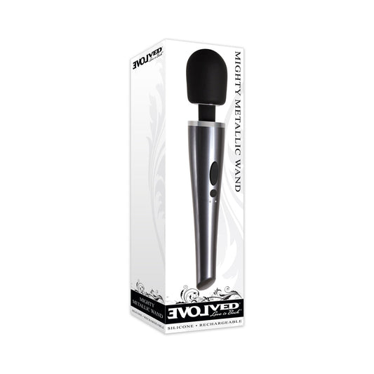 Evolved Mighty Metallic Wand Rechargeable Silicone Massager – Chrome/Black