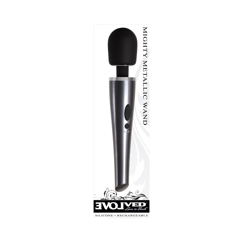 Evolved Mighty Metallic Wand Rechargeable Silicone Massager – Chrome/Black