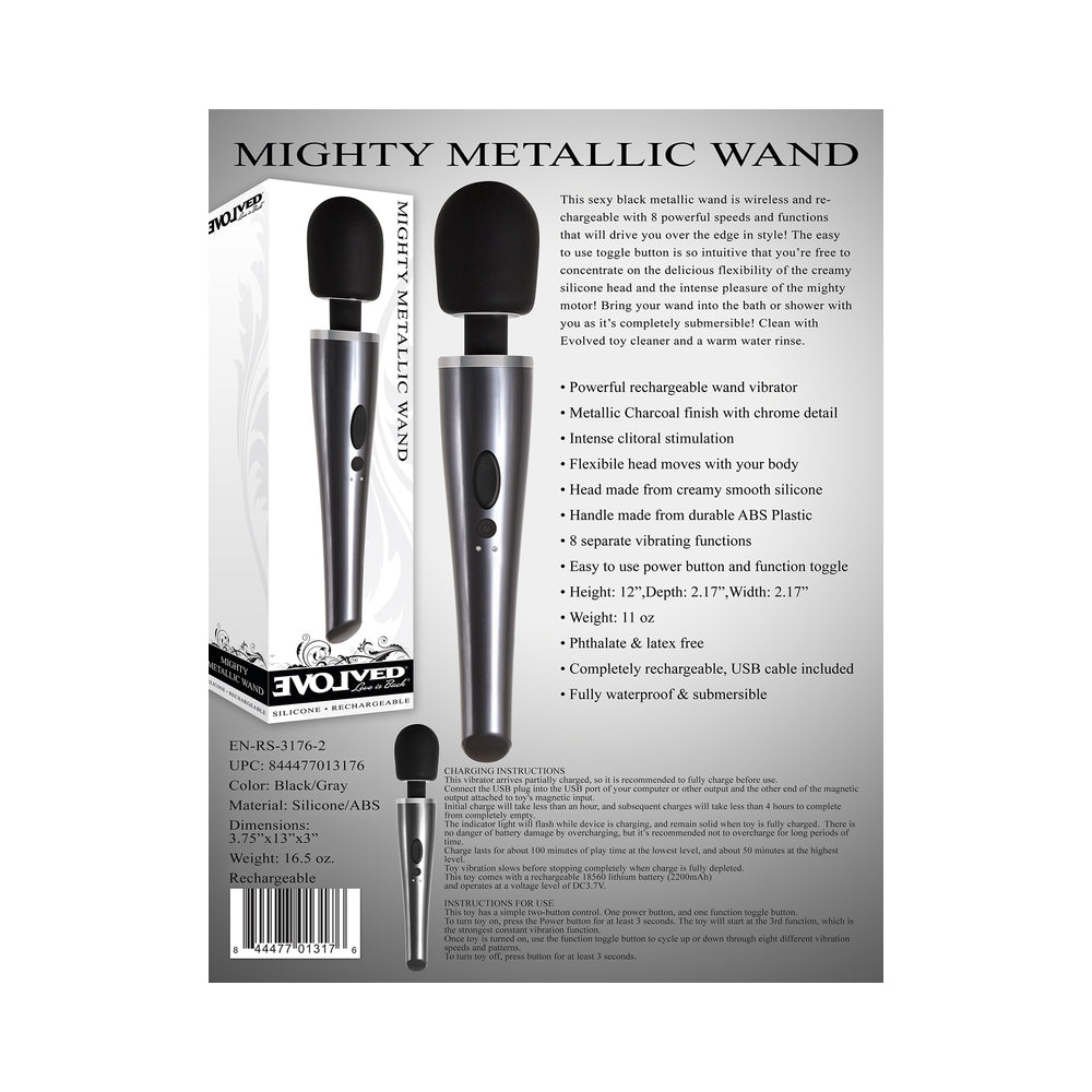 Evolved Mighty Metallic Wand Rechargeable Silicone Massager – Chrome/Black