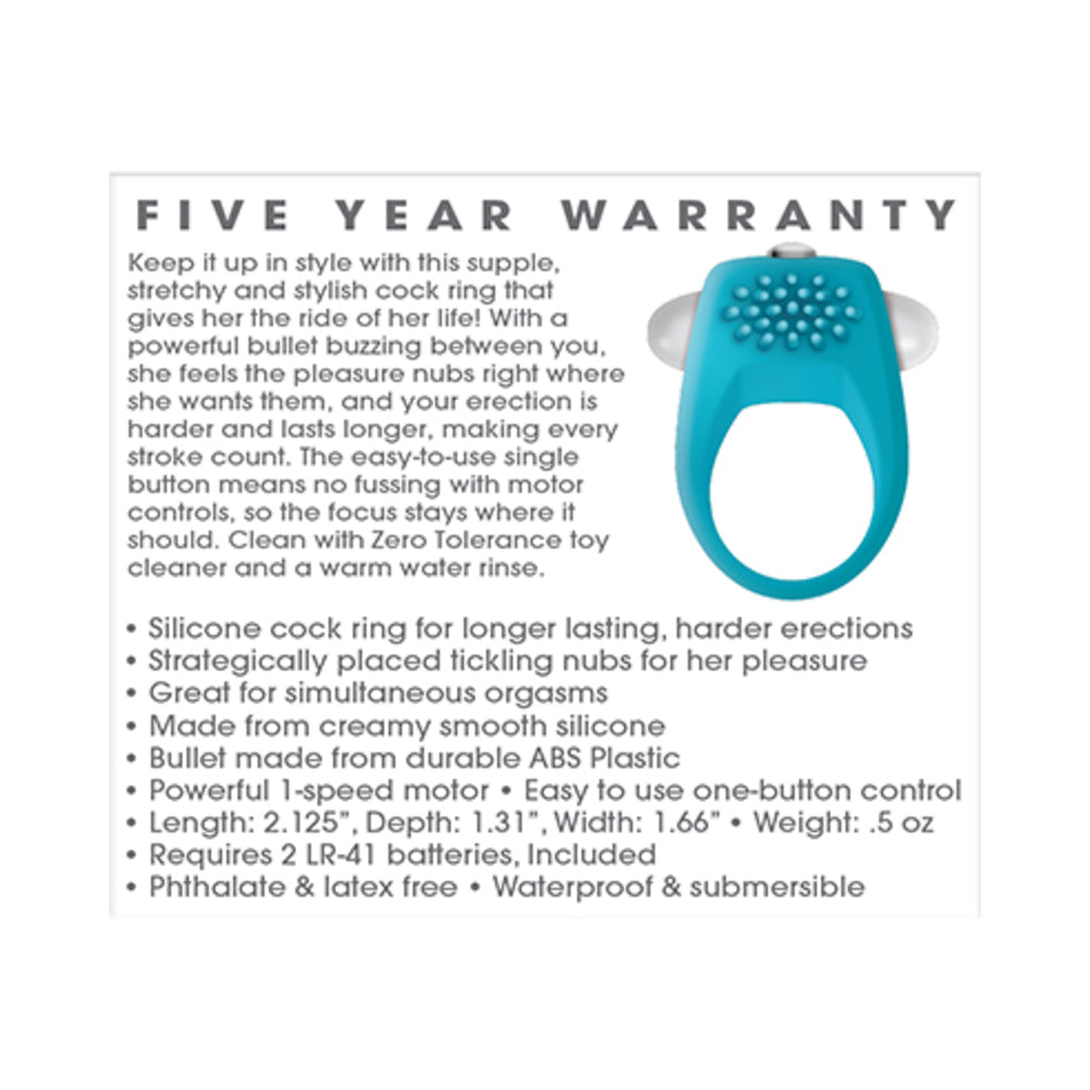 Zero Tolerance Teal Tickler Single-Speed Vibrating Silicone Cockring - Teal