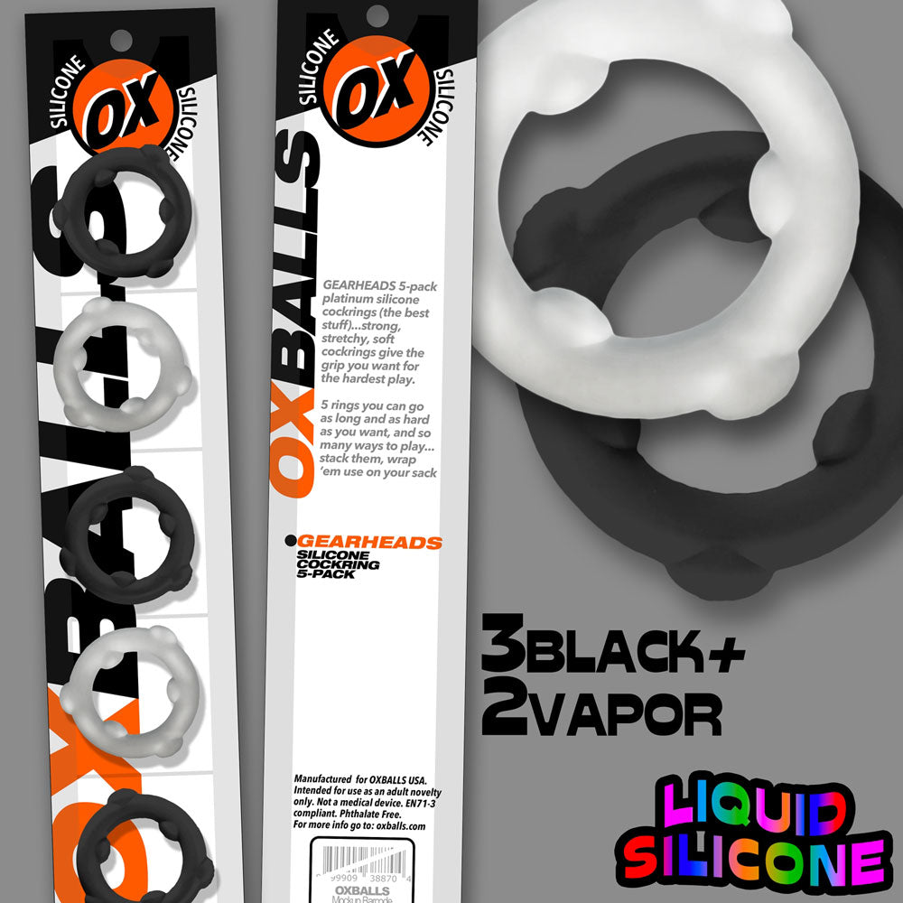Oxballs Gearheads 5 Pack Spinner Rings - Black Vapor - Stretchy Silicone Cockrings