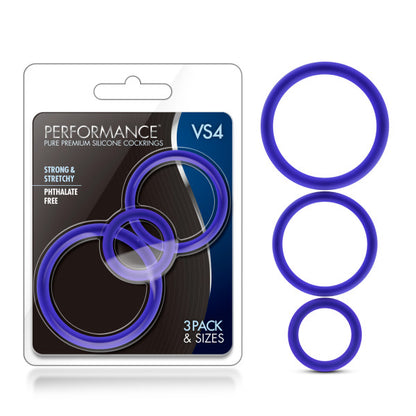 Blush Performance Vs4 Pure Premium Silicone Cockring Set – Indigo – 3 Sizes