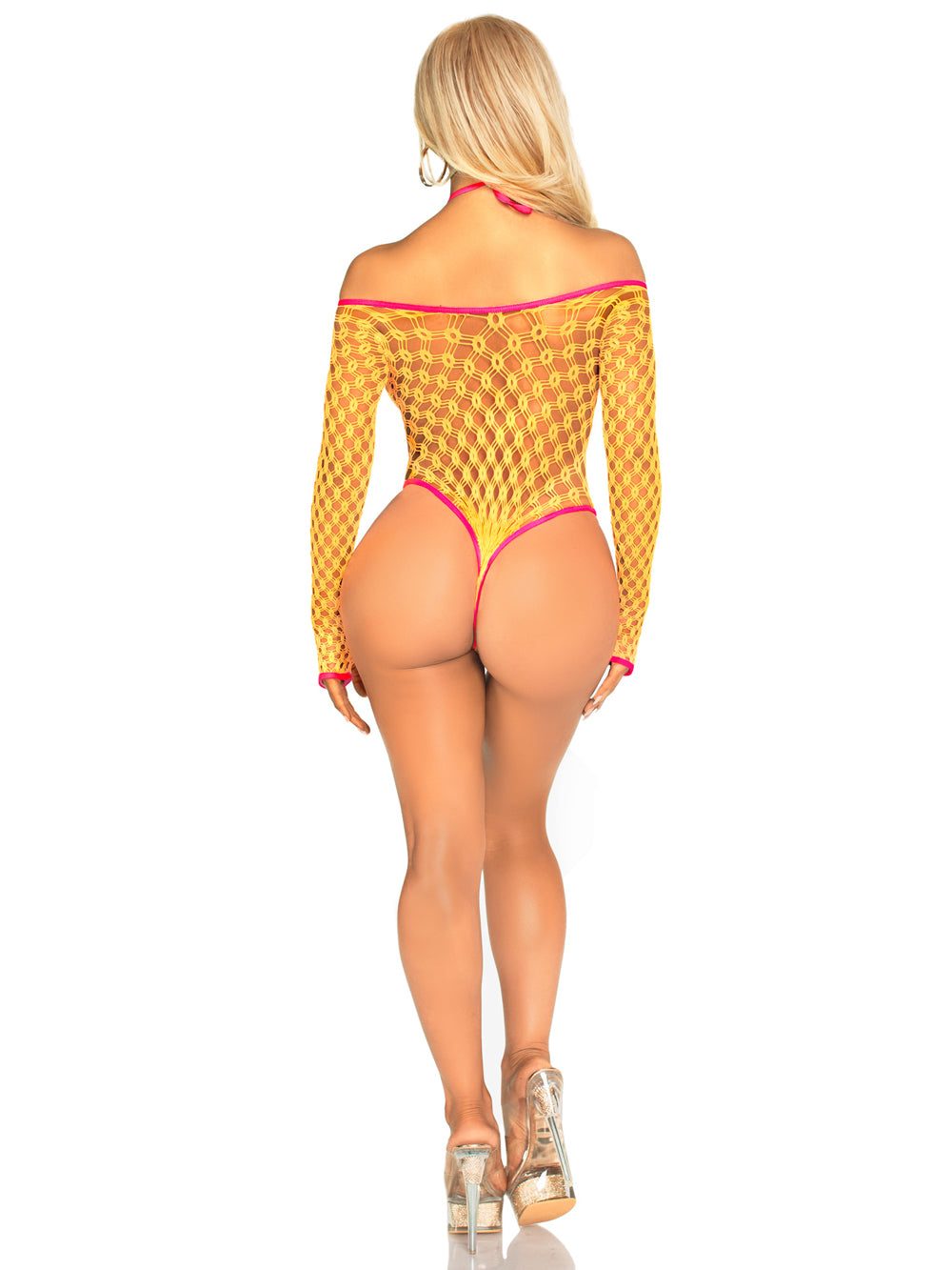 Leg Avenue Eyelet Net Teddy with Tie-Front Keyhole Detail – Neon Orange