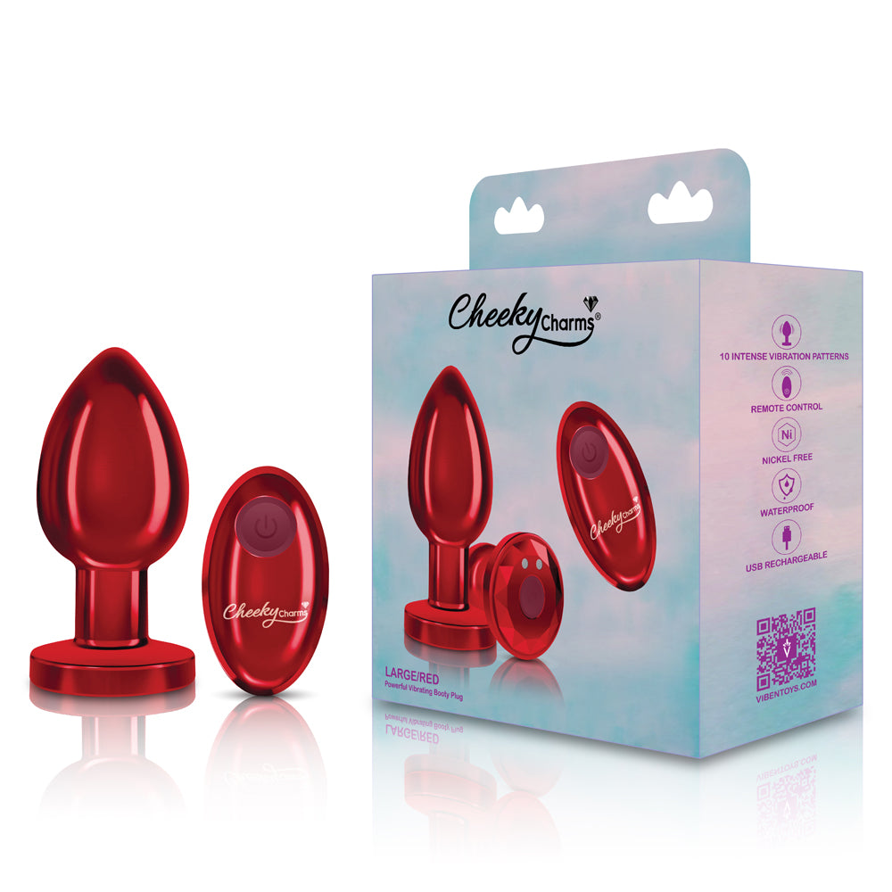 Cheeky Charms - Rechargeable Vibrating Metal Butt Plug With Remote Control - Red - Large