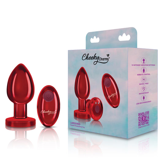 Cheeky Charms - Rechargeable Vibrating Metal Butt Plug With Remote Control - Red - Large