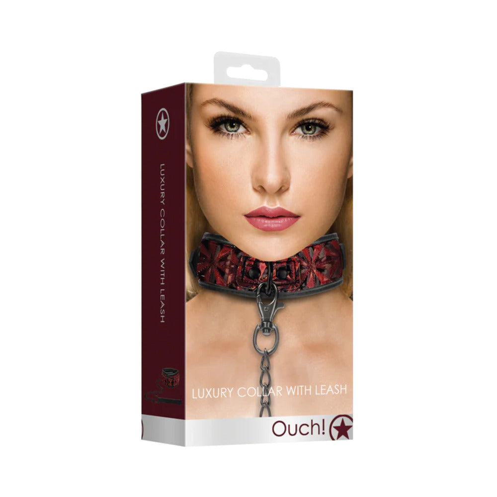 Ouch! Luxury Adjustable Collar with Leash - Burgundy