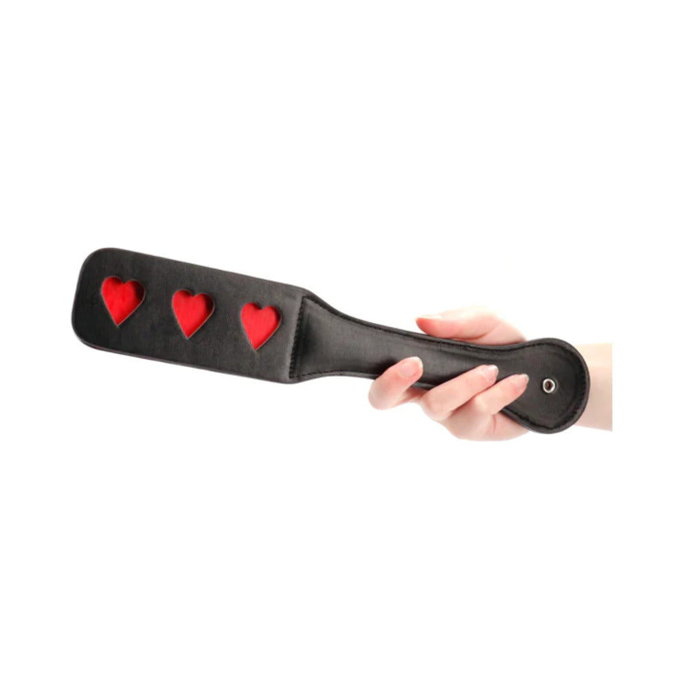 Ouch! Heart Pattern Paddle – Black – Stitched Leather