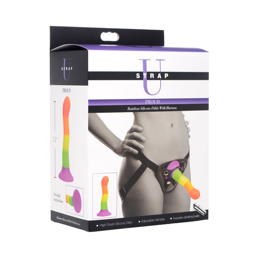 XR Brands Proud Rainbow Silicone Dildo with Harness and Vibrating Bullet
