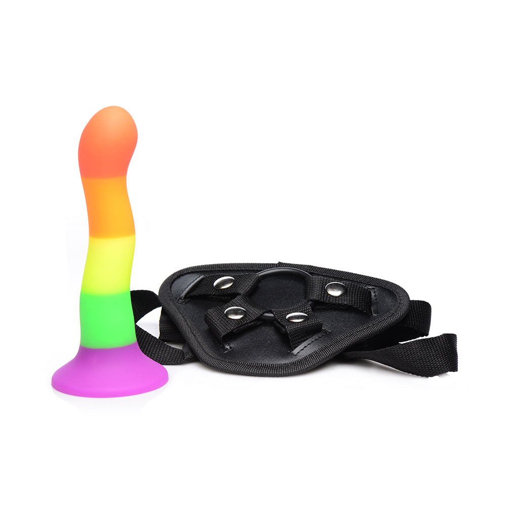 XR Brands Proud Rainbow Silicone Dildo with Harness and Vibrating Bullet