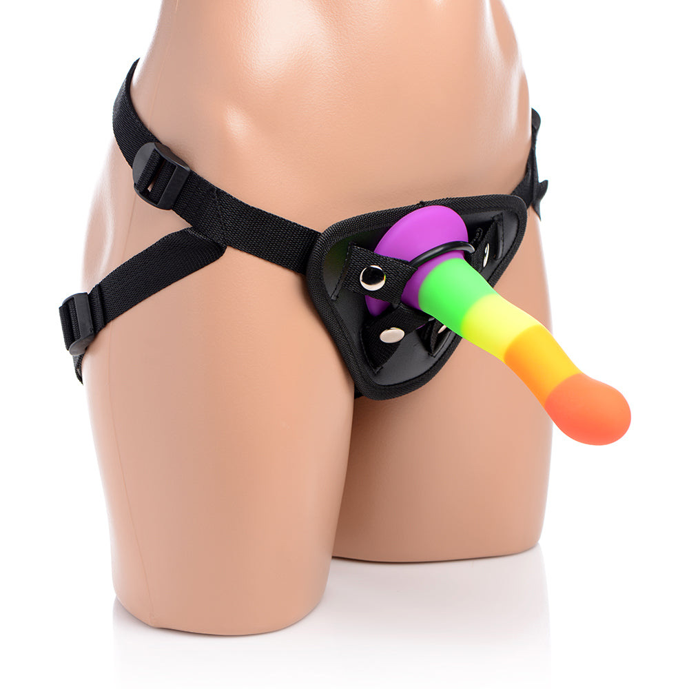 XR Brands Proud Rainbow Silicone Dildo with Harness and Vibrating Bullet
