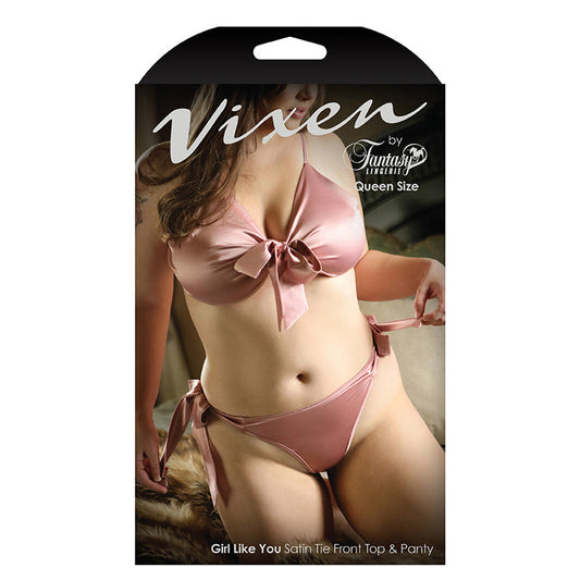 Fantasy Lingerie Vixen Girl Like You Satin Tie Front Top & Side Tie Panty – Light Pink, Queen Size