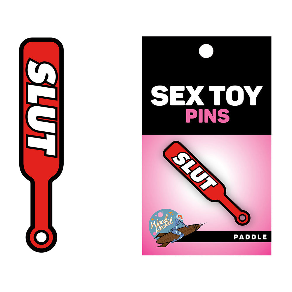 Wood Rocket Sex Toy Pin Paddle – Red with White Text