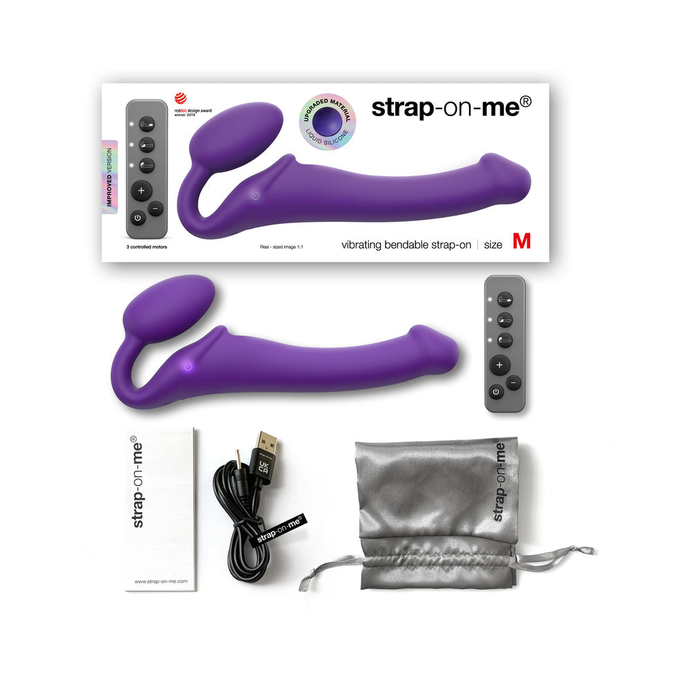 Strap-On-Me Rechargeable Remote-Controlled Silicone Vibrating Bendable Strap-On - Purple - Size M
